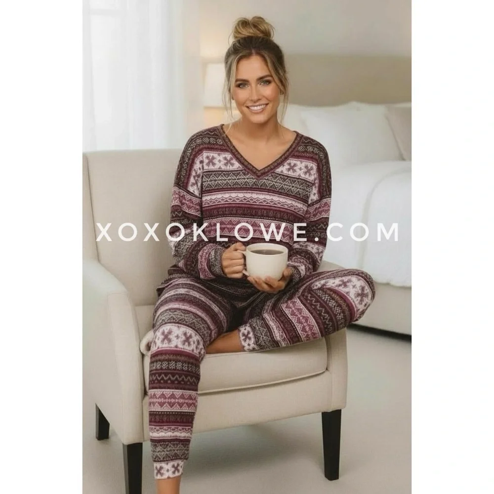Peach Love Burgundy Faire Isle Pajama Set | Soft Knit Loungewear - Picture 8 of 10